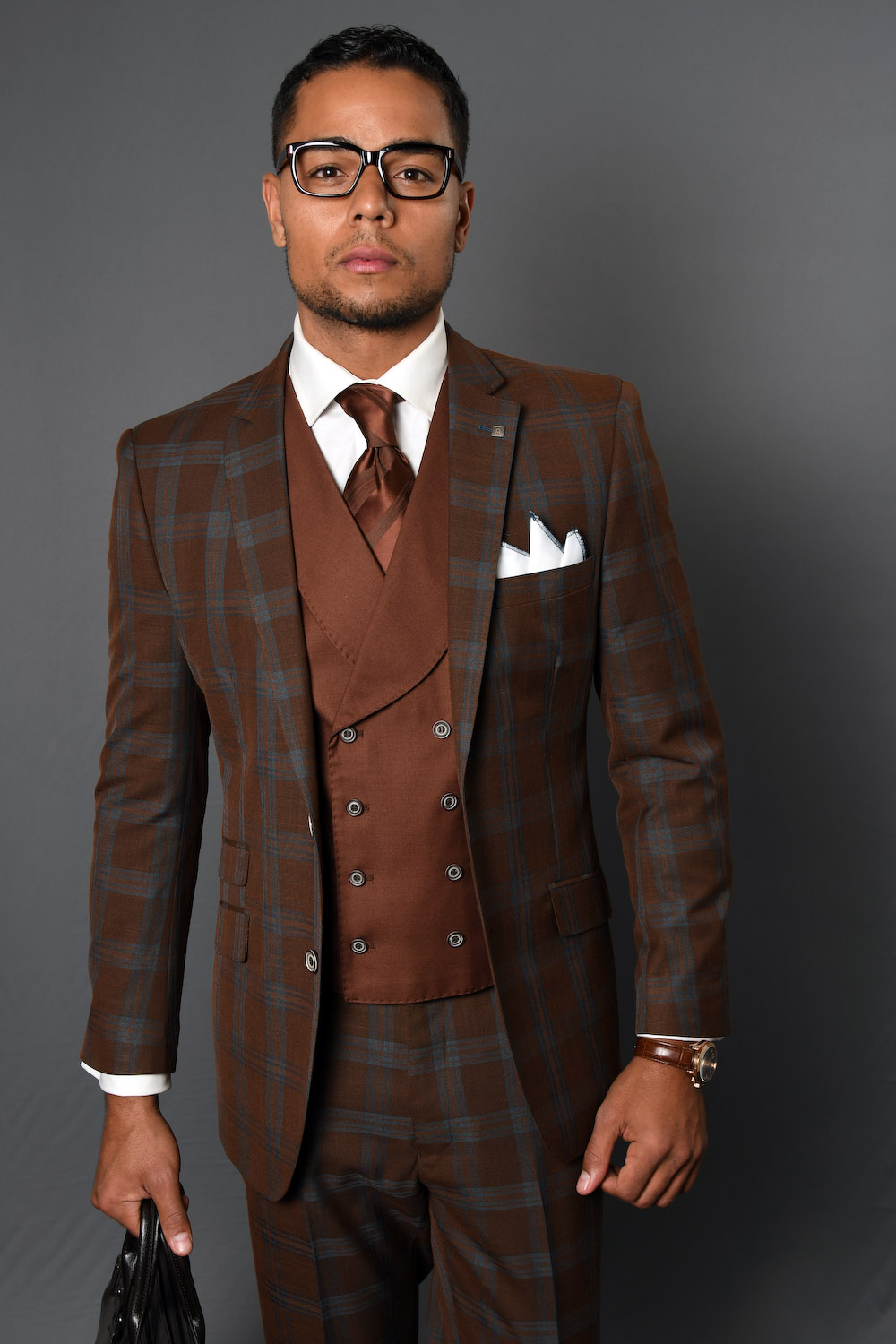 Men's Modern Fit Vested Wool Suit in Copper Plaid main image 0